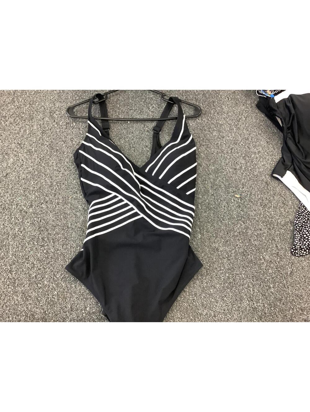 Gottex Black One-Piece Swimsuit with White Stripes, Size 14